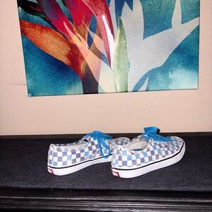 Blue and White Checkered vans casual slip on skater footwear with blue laces